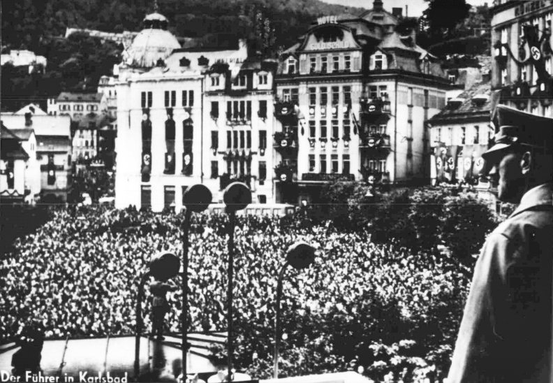 Adolf Hitler gives a speech in Karlsbad's Theaterplatz 